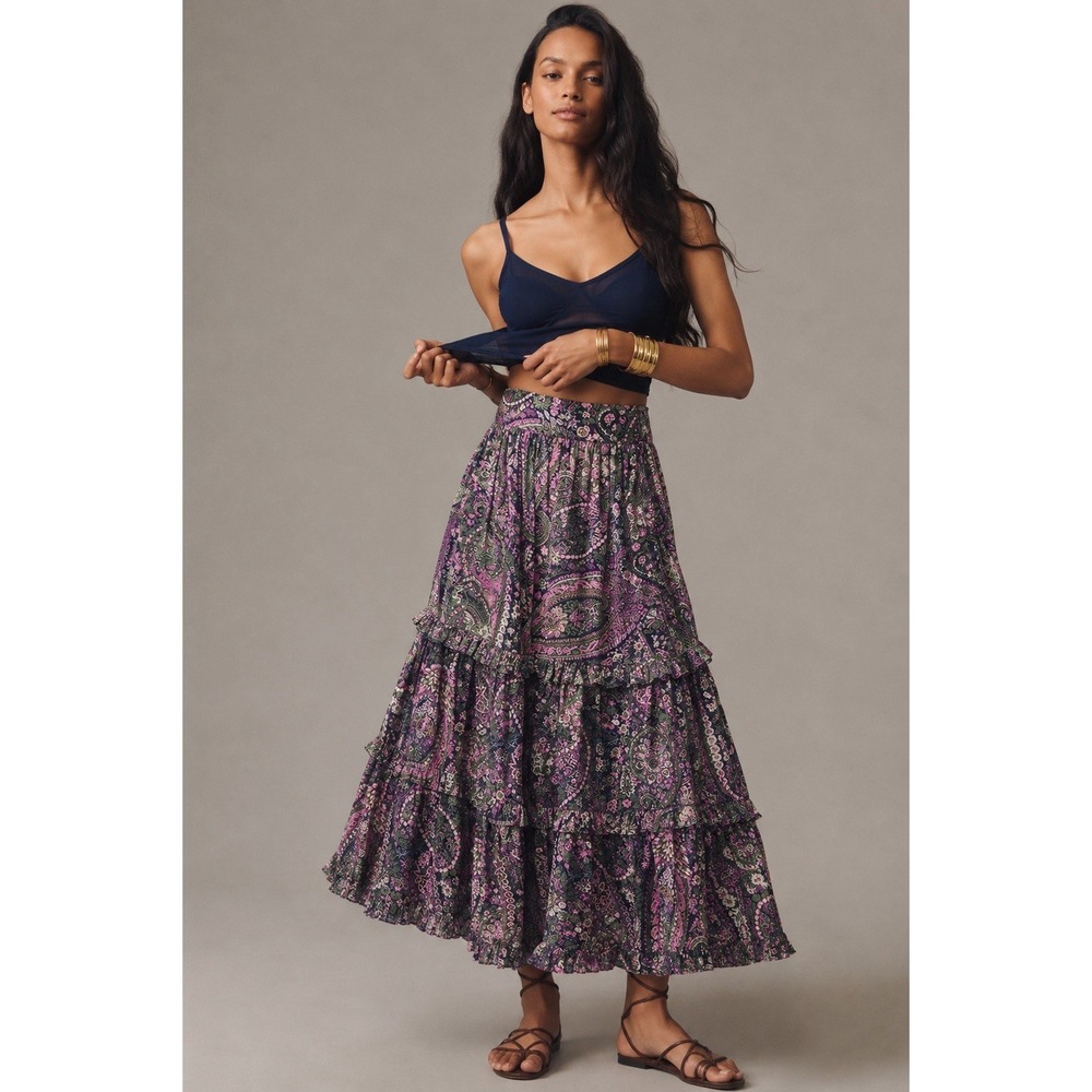 Cleobella Darcy Ankle Skirt Paisley Organic Cotton Tiered Ruffle Midi Skirt Sz S